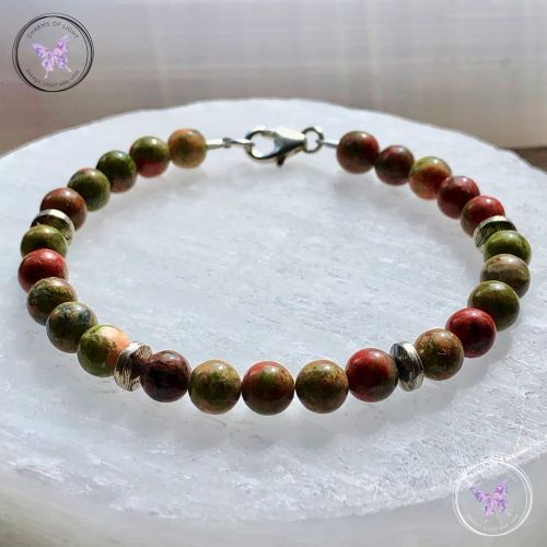 Unakite Bead Bracelet with Silver Discs